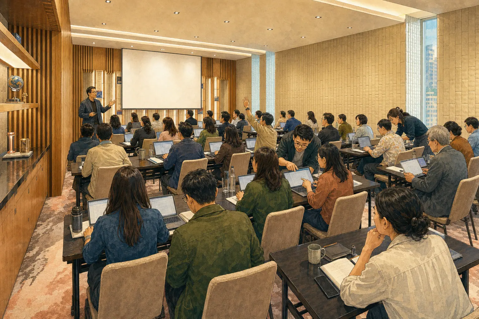Print-style illustration of people working together with laptops in a Bangkok classroom.